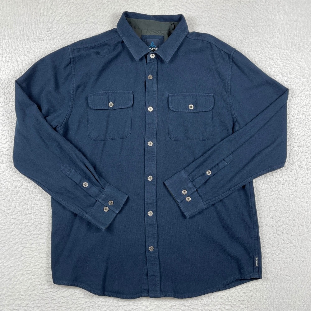 Prana Button Down Shirt Mens XL Navy Blue Organic Cotton Flannel Long Sleeve